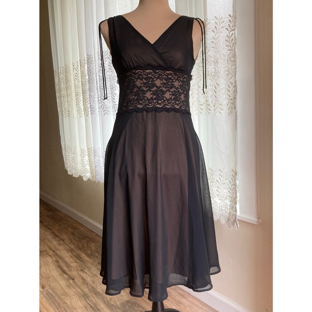 Connected Midi Dress 4P Black Mesh Chiffon Nude Overlay Lace Empire Waist Gothic